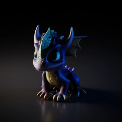 Baby dragon with big eyes, cartoonish features.