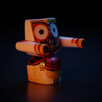 Traditional stylized figure with abstract design, vibrant decorations.