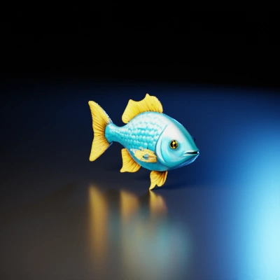Cartoonish fish with detailed scales, five fins.