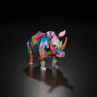 Rhino-like creature, vibrant patchwork, abstract design.
