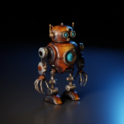 Retro-styled robot, steampunk design, multiple arms, glowing eyes.