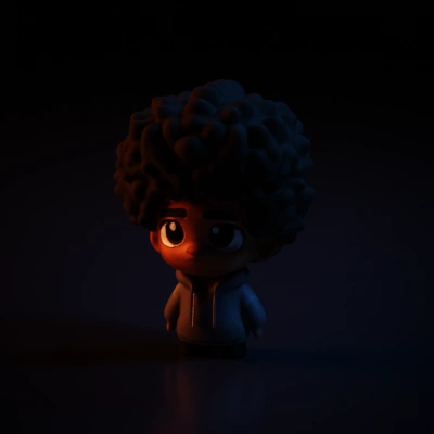 Large-headed cartoon character, curly hair and hoodie.
