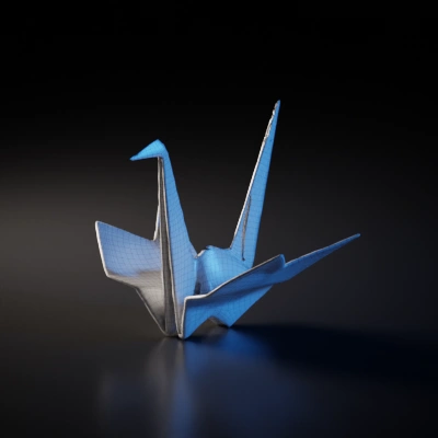Origami crane, paper folded bird. symmetric geometry, sharp edges, simple geometry