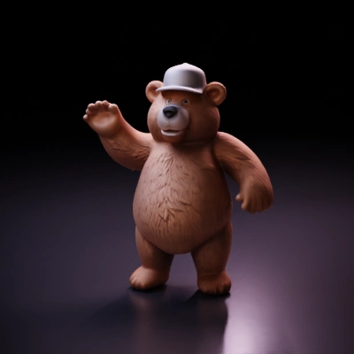 Bear-like character with baseball cap, waving.