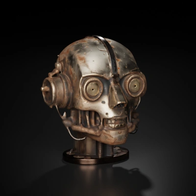Worn-out robot head, exposed mechanics, retro-futuristic design.