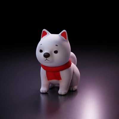 Cute dog wearing scarf, big eyes, chibi style.