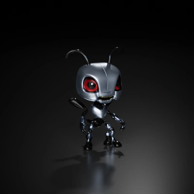 Robotic insect-like character, menacing expression, articulated joints.