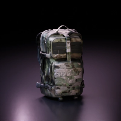 Military tactical backpack with multiple compartments.