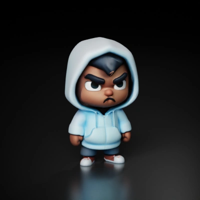 Chibi character in hoodie, angry expression.