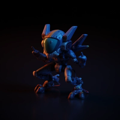 Battle-ready mech, four legs, futuristic design, multiple weapons.