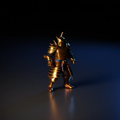 Armored knight, detailed and imposing, medieval style. samurai gold armor shiny with red cloth accents.