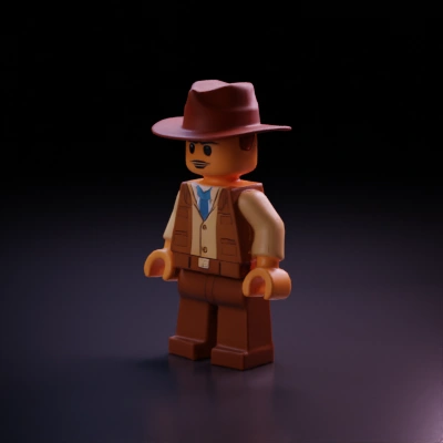 Lego adventurer minifigure, brown hat, beige jacket, blue tie.