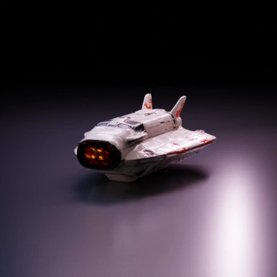 Space shuttle-like craft with thrusters, short wings.
