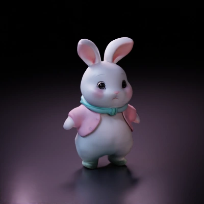 Anthropomorphic rabbit wearing a jacket.