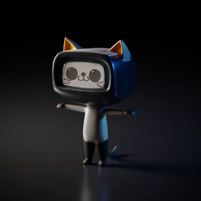 Cat character with TV head, cartoon style.