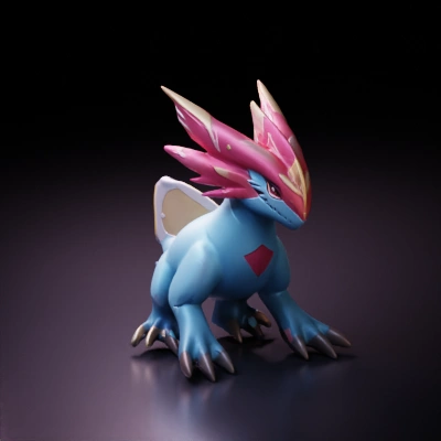 Fantasy dragon-like creature, horns, wings, four legs, game asset.