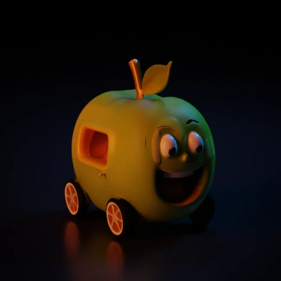 Apple-shaped vehicle with emoji face, leaf and wheels.