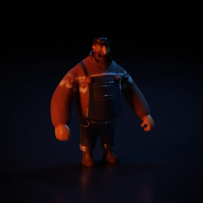 Bearded man in sweater and overalls, stylized figure.