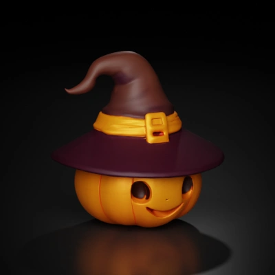 Smiling pumpkin with witch hat, cartoon style.