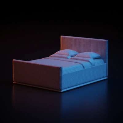 Modern wooden bed with pillows and blankets.