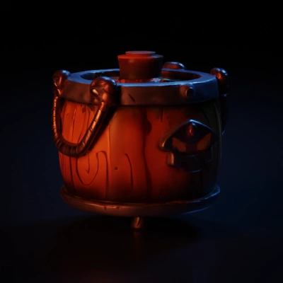 Barrel with a skull detail, metallic and wooden parts.