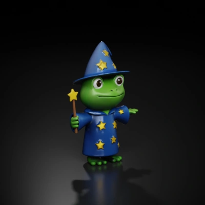 Cartoon frog wizard holding a star wand.