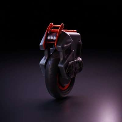 Futuristic one-wheeled transportation vehicle, compact structure, weathered, distressed edges, scratches, dents