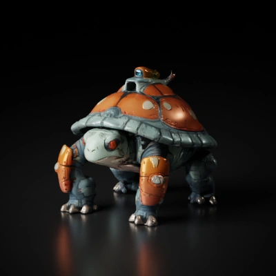 Armored tortoise-like character with mechanical parts.