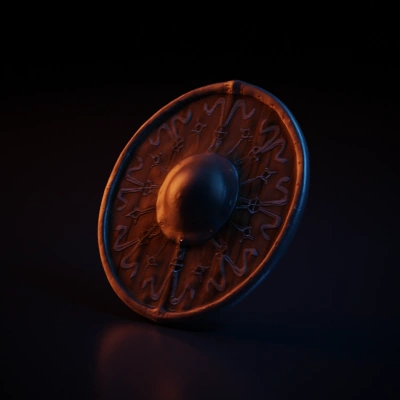 Medieval shield with ornate metal detailing.
