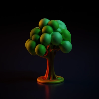 Cartoonish tree with rounded canopy and detailed trunk.