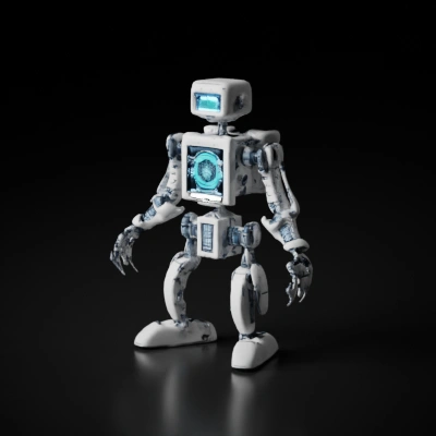 Robot with visible gears and lights, humanoid structure.