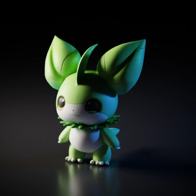 Green leafy creature, big eyes, cute design.