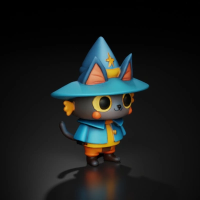 Cat character in magician outfit, large eyes.