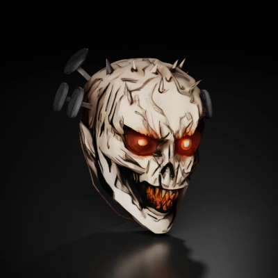 spiky demonic skull head with glowing eyes.