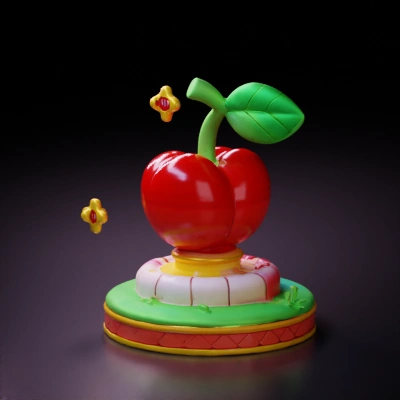 Cartoonish stylized cherry on colorful platform.