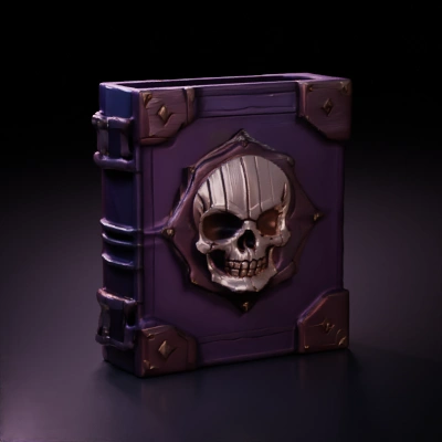 A purple grimoire with a skull on it.