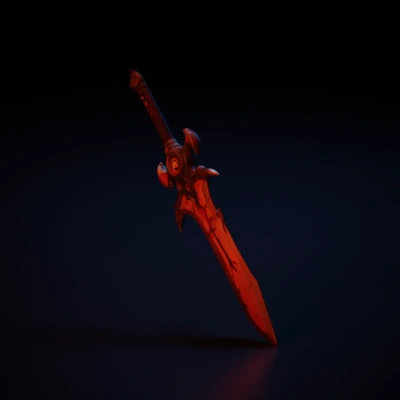 Battle-worn fantasy sword with intricate design.