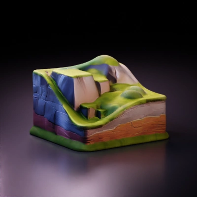 Block of terrain with grass and rock layers.