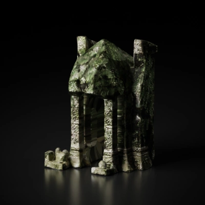 Ancient stone ruin overgrown with foliage.