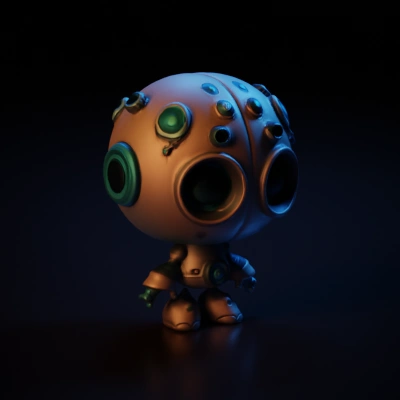 Cute round robot with large eyes, futuristic design.