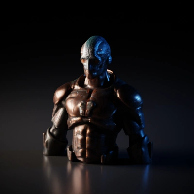 Cyborg soldier in futuristic armor.