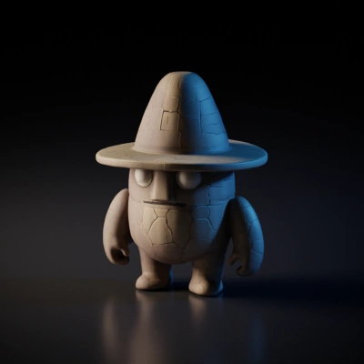 Stone golem with cowboy hat, cartoony design, cute character.