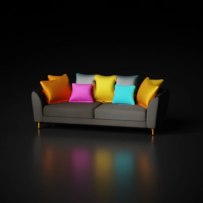 Sofa with multiple colorful cushions in various shapes.