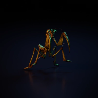 Battle-ready humanoid insect, menacing stance.