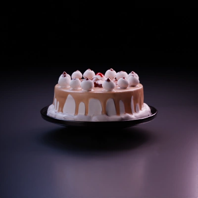 Cake with whipped cream and chocolate garnish.