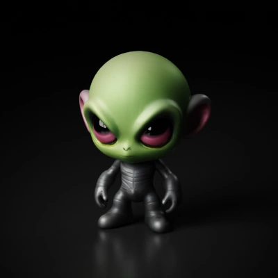 Alien-like character, large eyes, human body proportions.