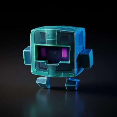 Box-shaped robot, glowing accents, animated character.