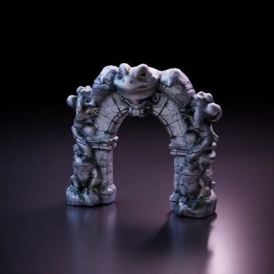 Frog-themed ancient stone archway, intricate carvings, mythical creatures.