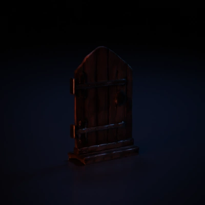Wooden medieval door with iron hinges and handle.