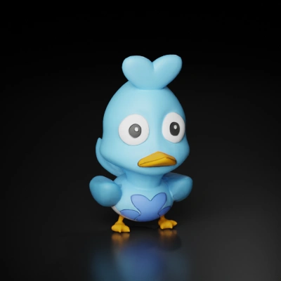 Cartoon blue bird with wide eyes.
